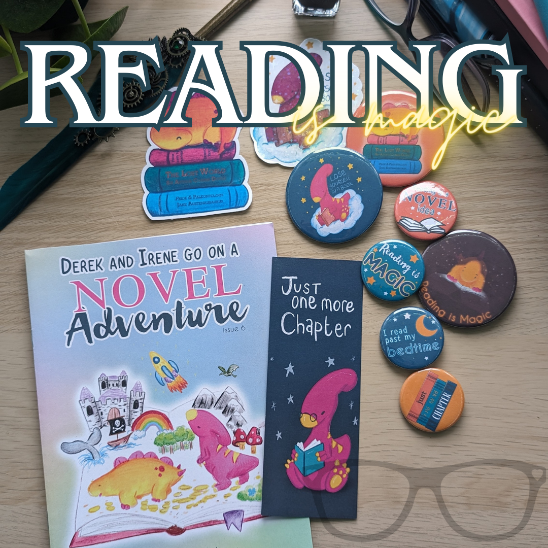 Reading is magic! A collection of the latest Derek and Irene Adventure, badges, stickers, bags and bookmarks.