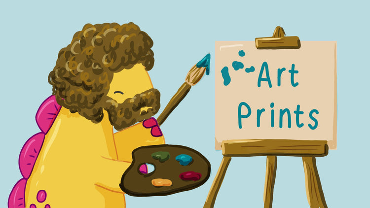 Colorful A4 and A5 geeky art prints featuring science, space, dinosaurs, and Derek & Irene