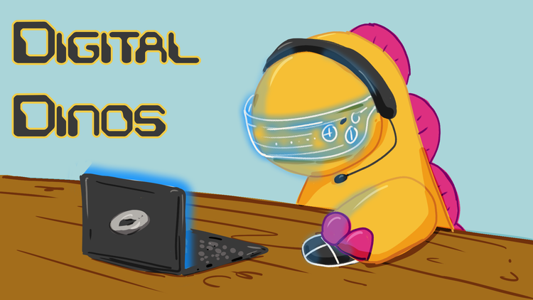 Digital Dinos zine, stickers, badges, and activity box for screen-free fun and learning