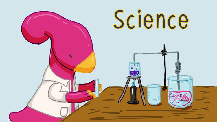 Science-themed mugs, stickers, badges, and zines featuring Derek, Irene, and Prof. Brian Fox