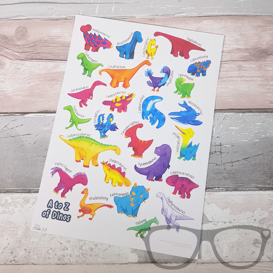 Dinosaur A to Z art print without frame. Features a dinosaur for every letter of the alphabet