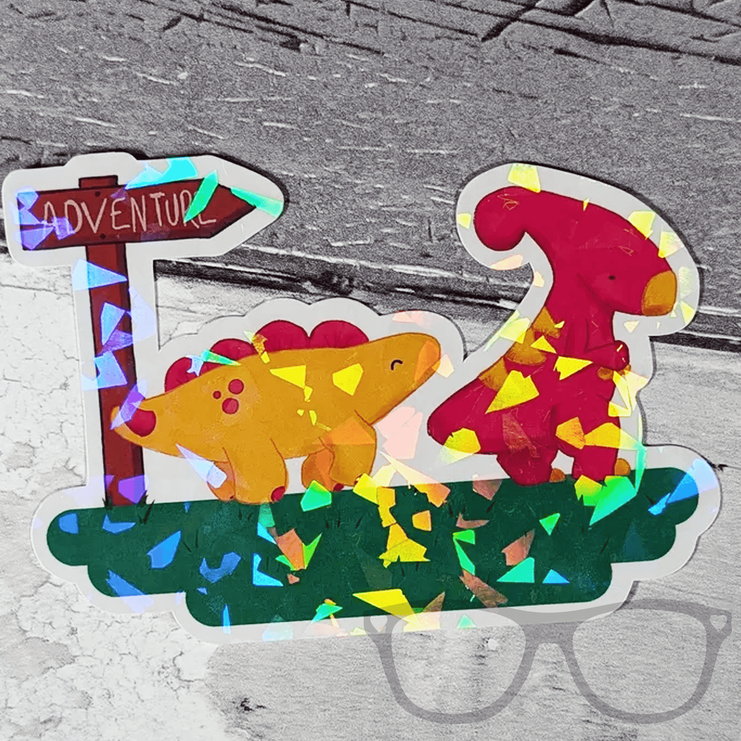 Dinosaur Adventure Vinyl Sticker – Derek & Irene Sparkly Design - Mini Geek Boutique
