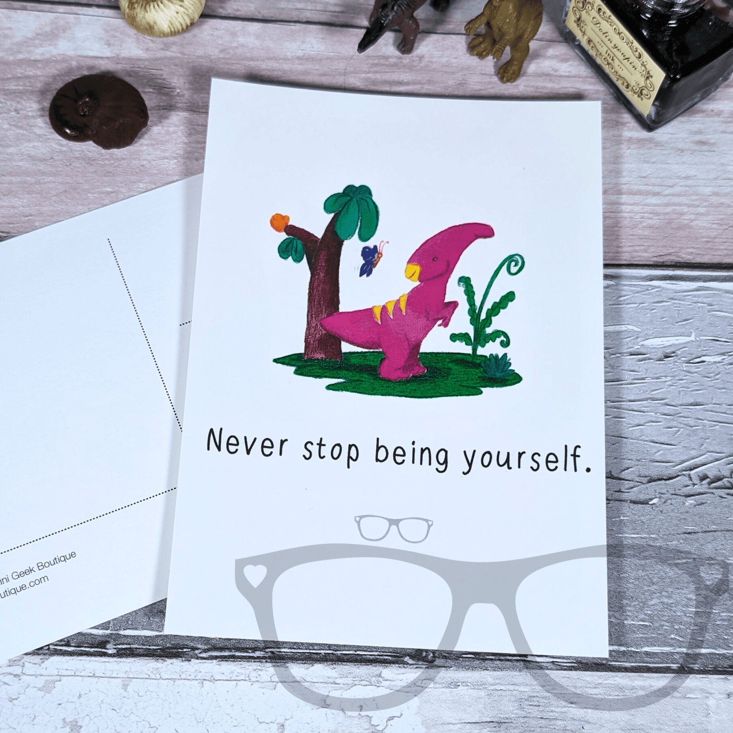 Irene "Never Stop Being Yourself" Motivational A6 Postcard - Dinosaur Affirmation - Mini Geek Boutique