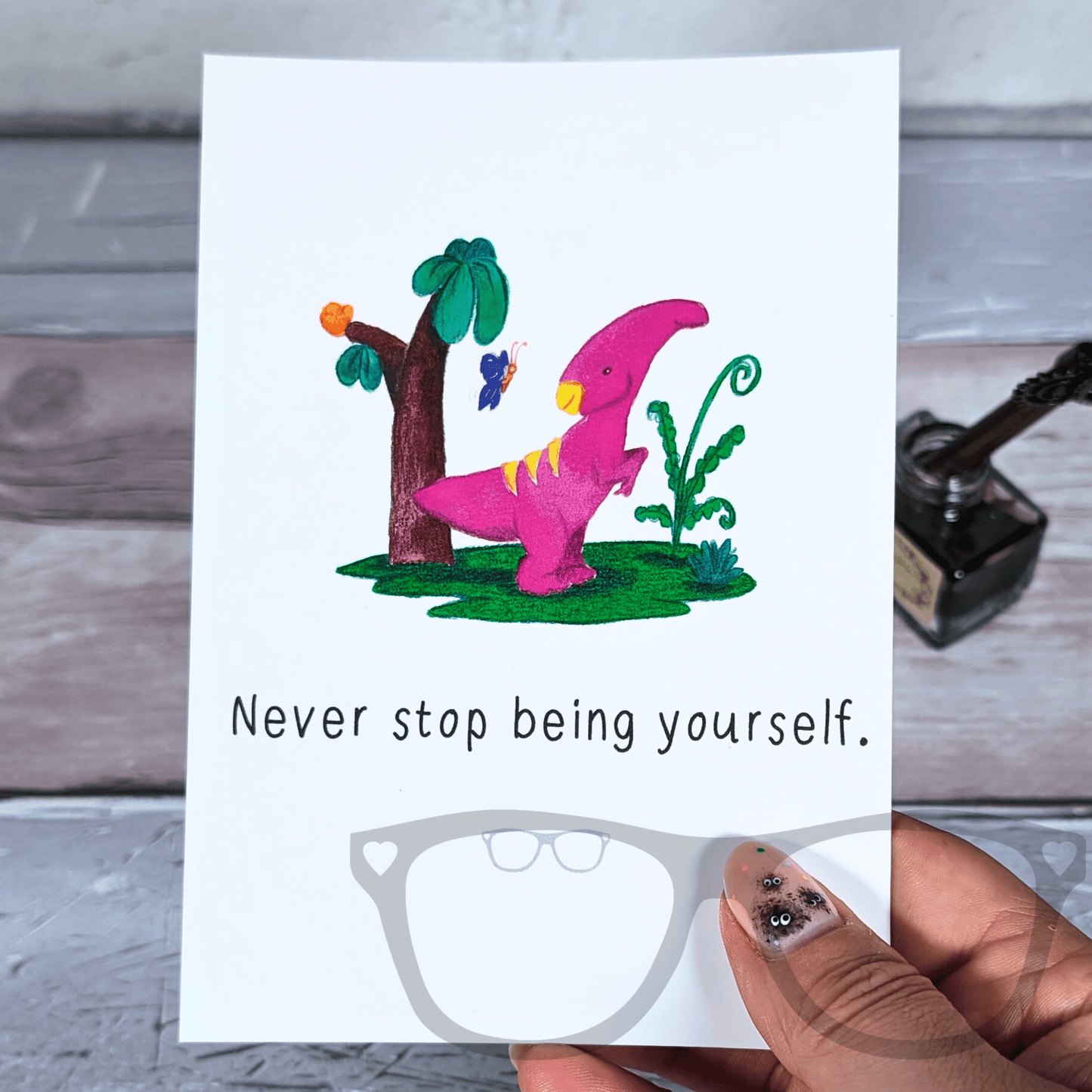 Irene "Never Stop Being Yourself" Motivational A6 Postcard - Dinosaur Affirmation - Mini Geek Boutique