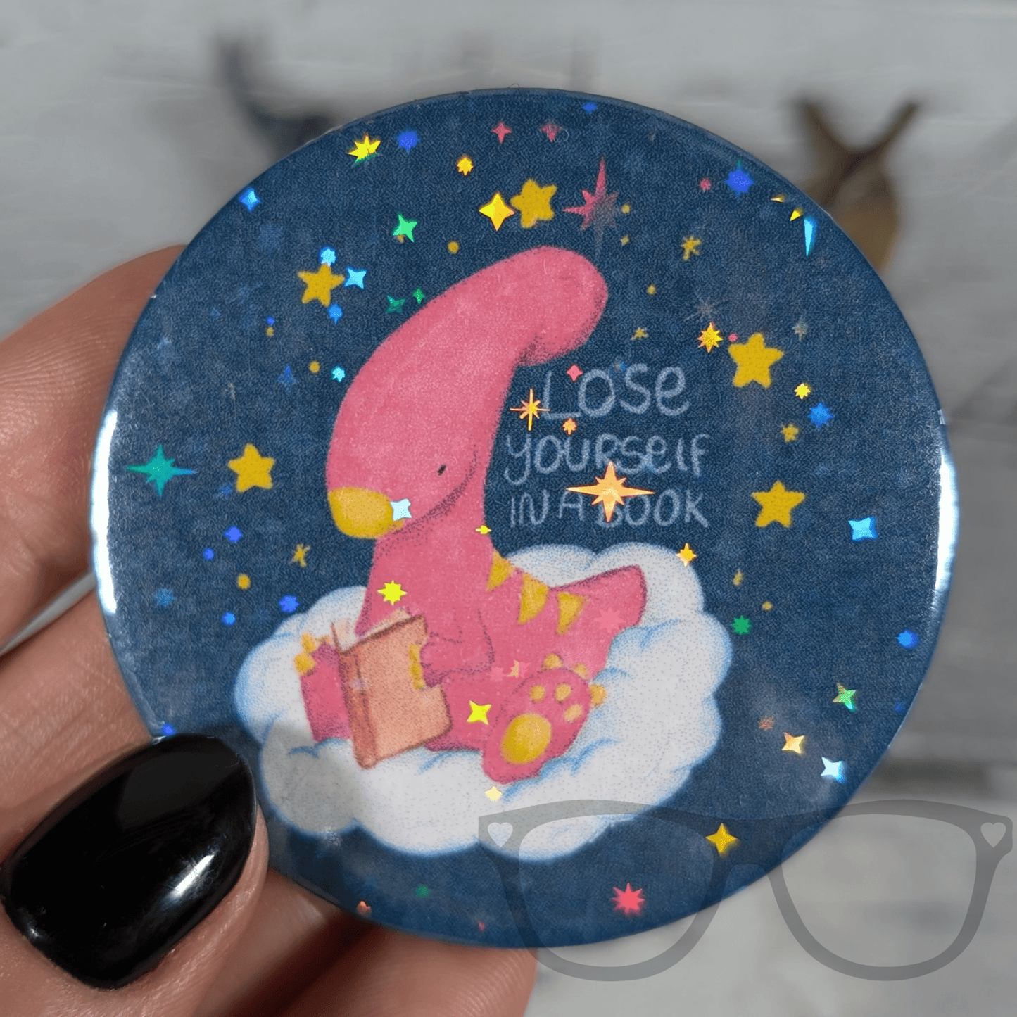 Irene the Dinosaur 'Lose Yourself in a Book' 58mm Badge, Keyring or Magnet - Perfect Gift for Book Lovers - Mini Geek Boutique