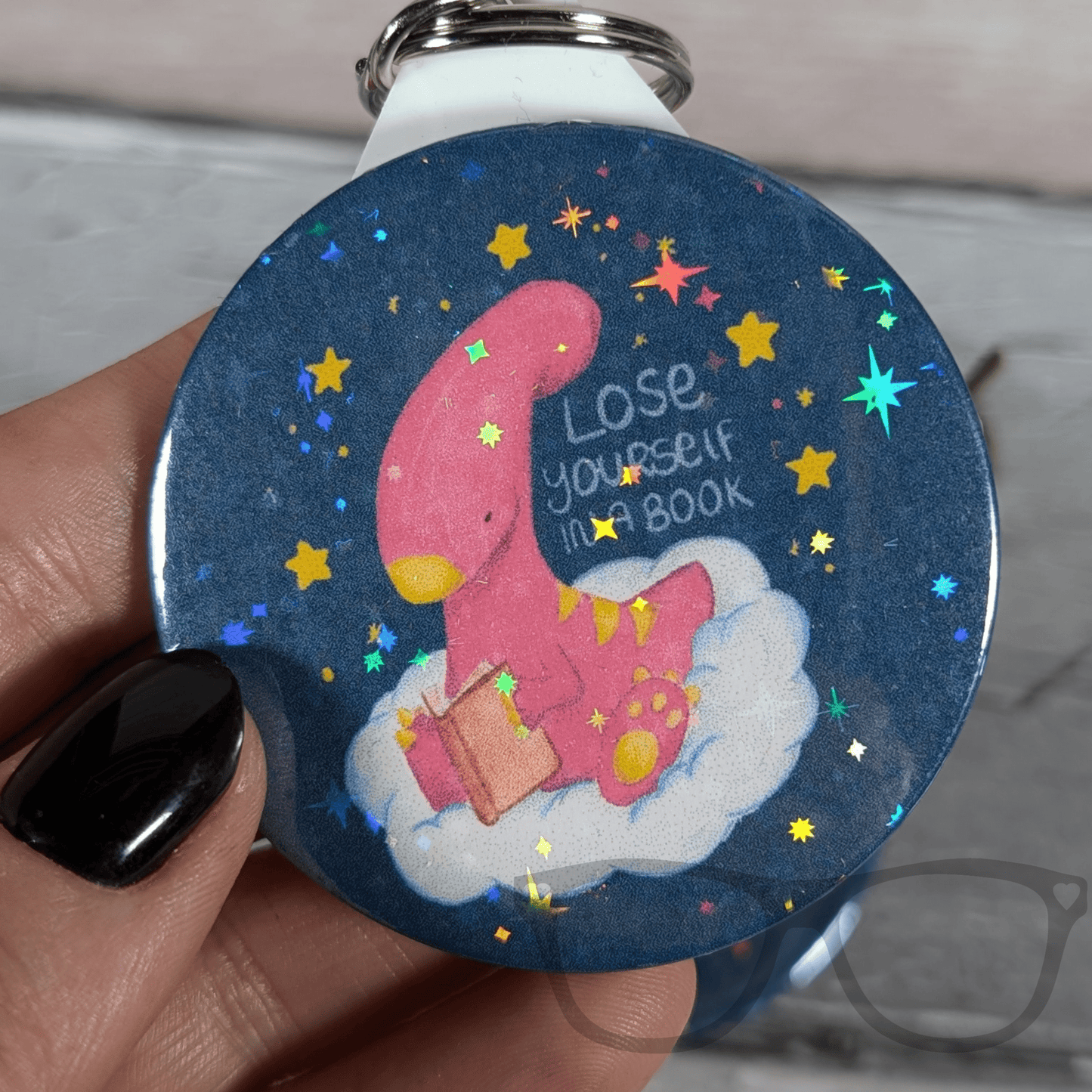 Irene the Dinosaur 'Lose Yourself in a Book' 58mm Badge, Keyring or Magnet - Perfect Gift for Book Lovers - Mini Geek Boutique