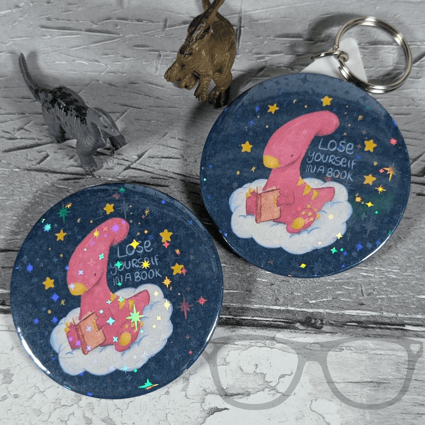 Irene the Dinosaur 'Lose Yourself in a Book' 58mm Badge, Keyring or Magnet - Perfect Gift for Book Lovers - Mini Geek Boutique