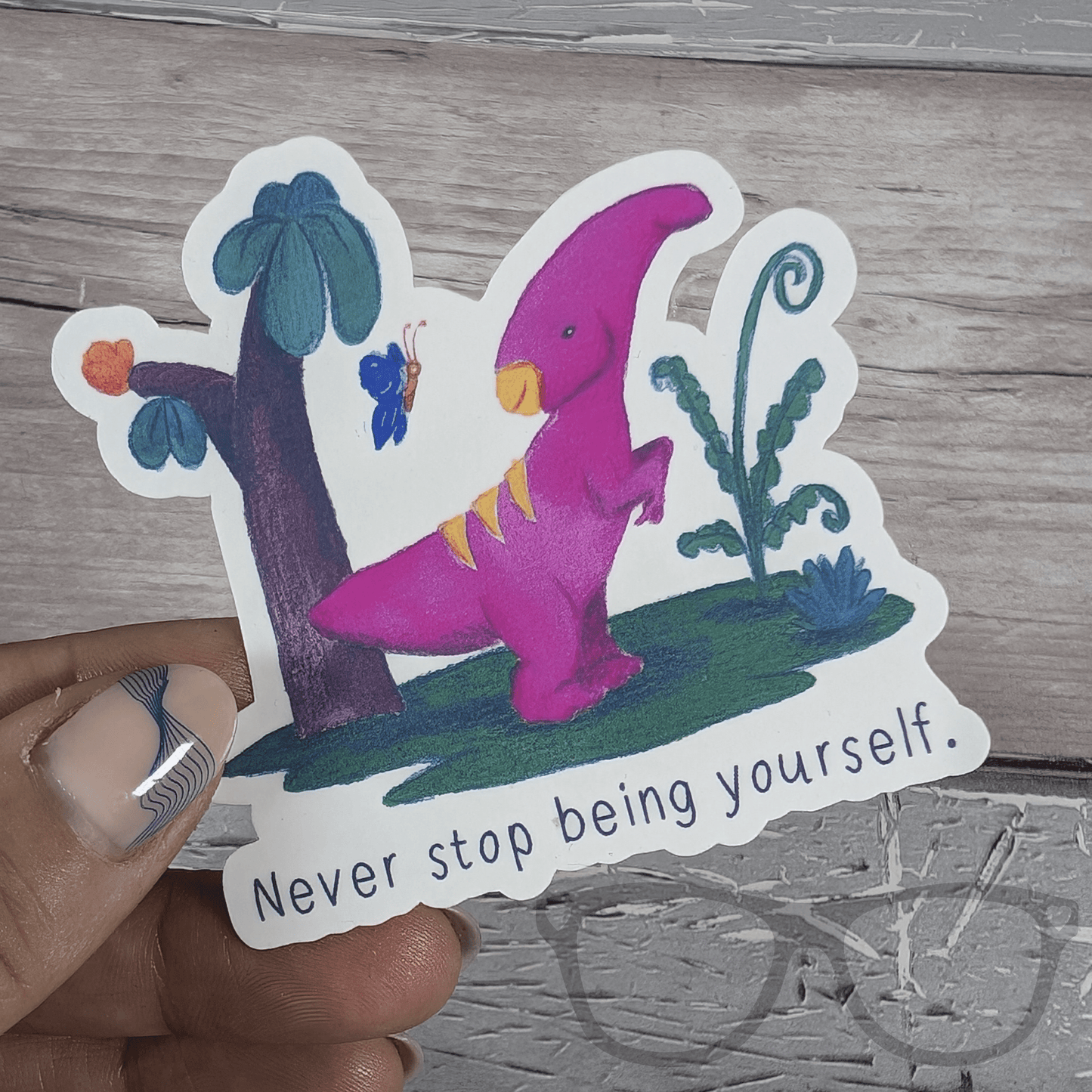 Irene the Parasaurolophus "Never Stop Being Yourself" Inspirational Vinyl Sticker – Water - Resistant & Eco - Friendly - Mini Geek Boutique
