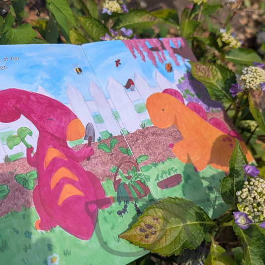 double page spread showing illustration of Derek and Irene the dinosaur beset friends