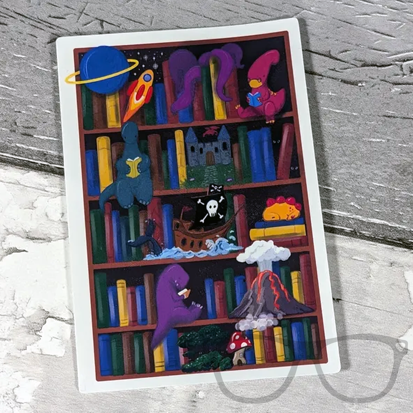 Dinosaurs reading on a bookshelf vinyl sticker for book lovers, featuring Derek, Irene, and friends in a cozy reading scene