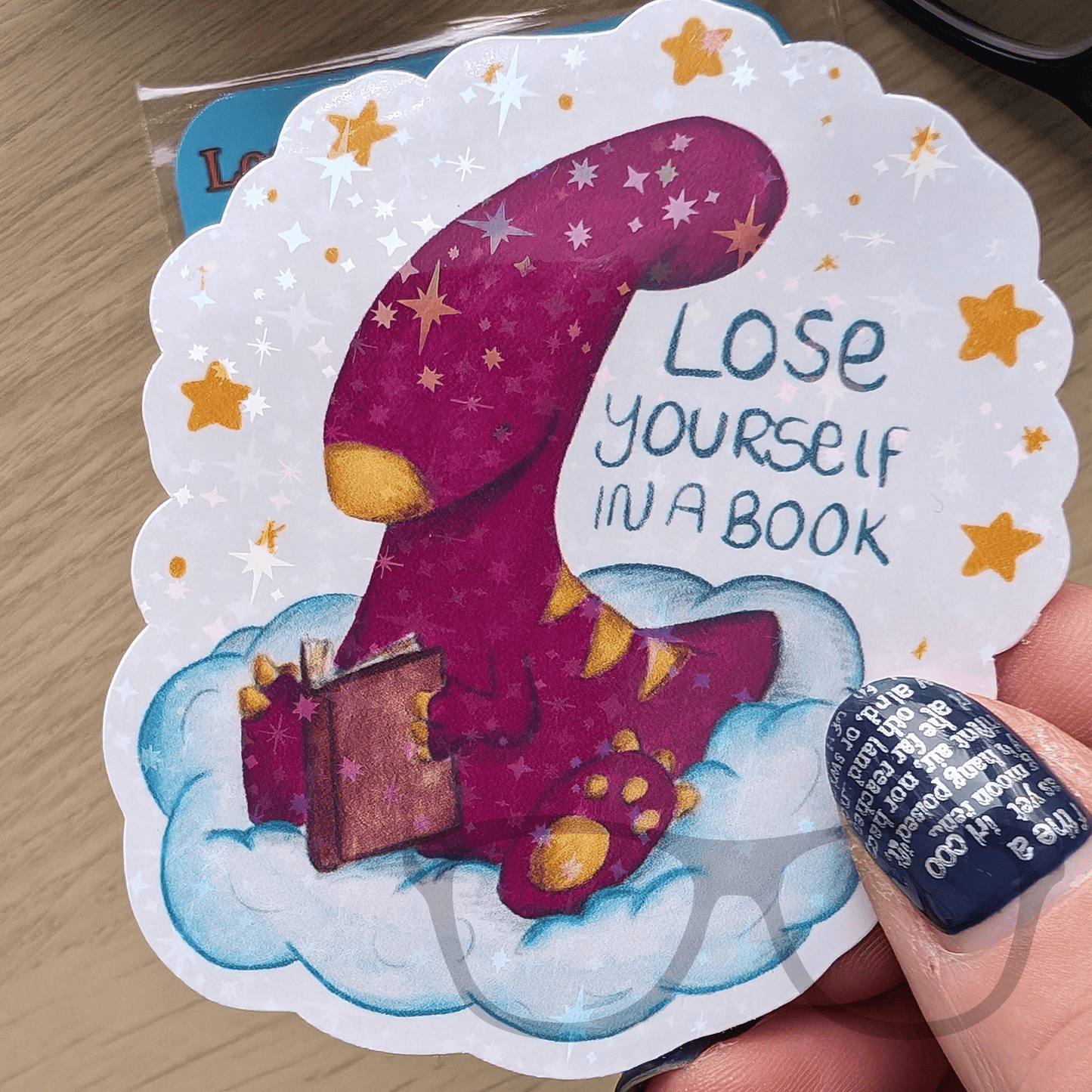 Sparkly Vinyl Sticker - Irene the Parasaurolophus Reading on a Cloud - Mini Geek Boutique
