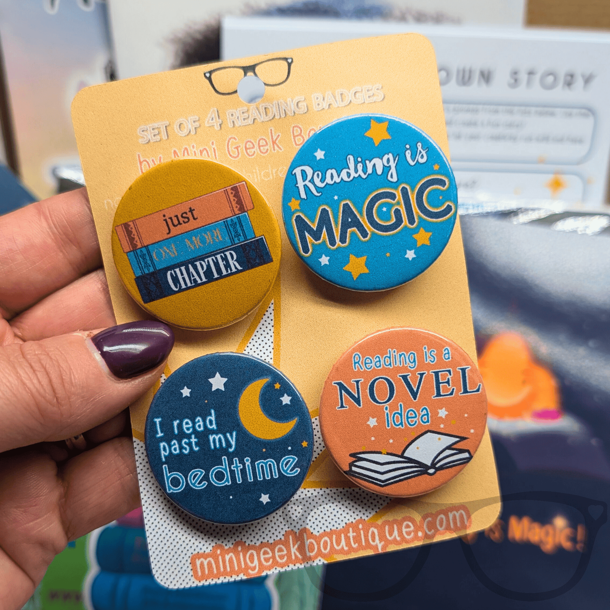 set of 4 button pin badges for Stories and Steggies Bundle Letter box Activity Box - Mini Geek Boutique