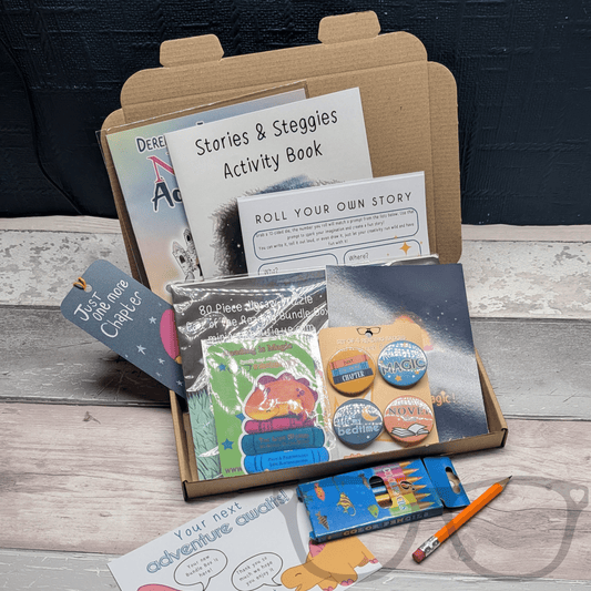 Mini Geek Boutique letterbox-friendly kids’ activity box filled with storytelling activities, stickers, badges, jigsaw puzzle, and zine