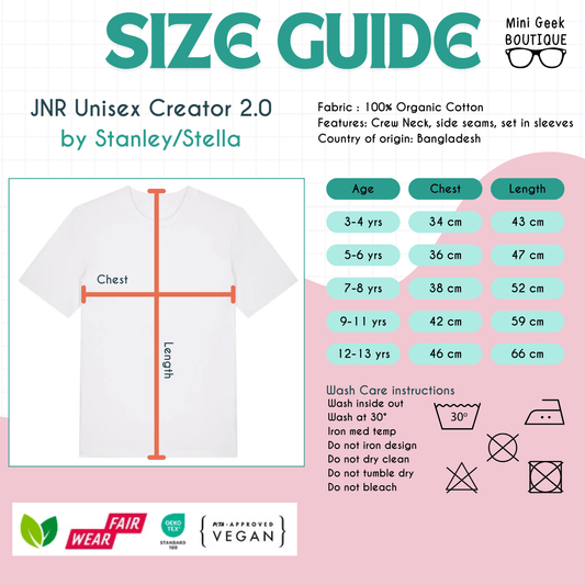 Junior unisex organic cotton T-shirt size guide - Mini Geek Boutique