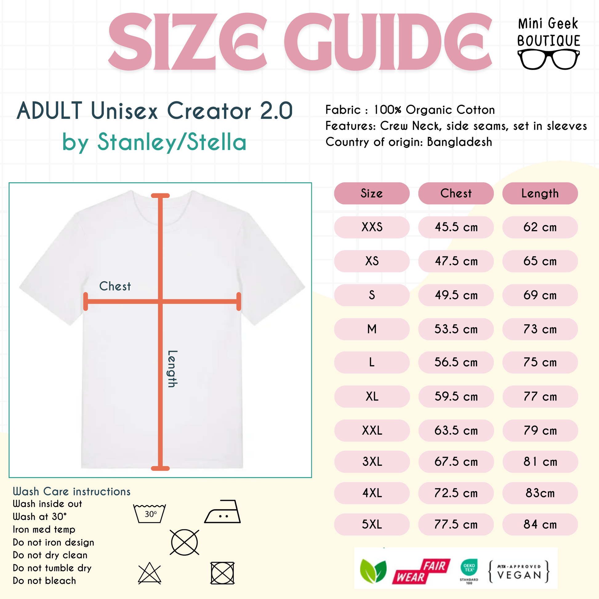 Adult unisex t-shirt size guide- Mini Geek Boutique