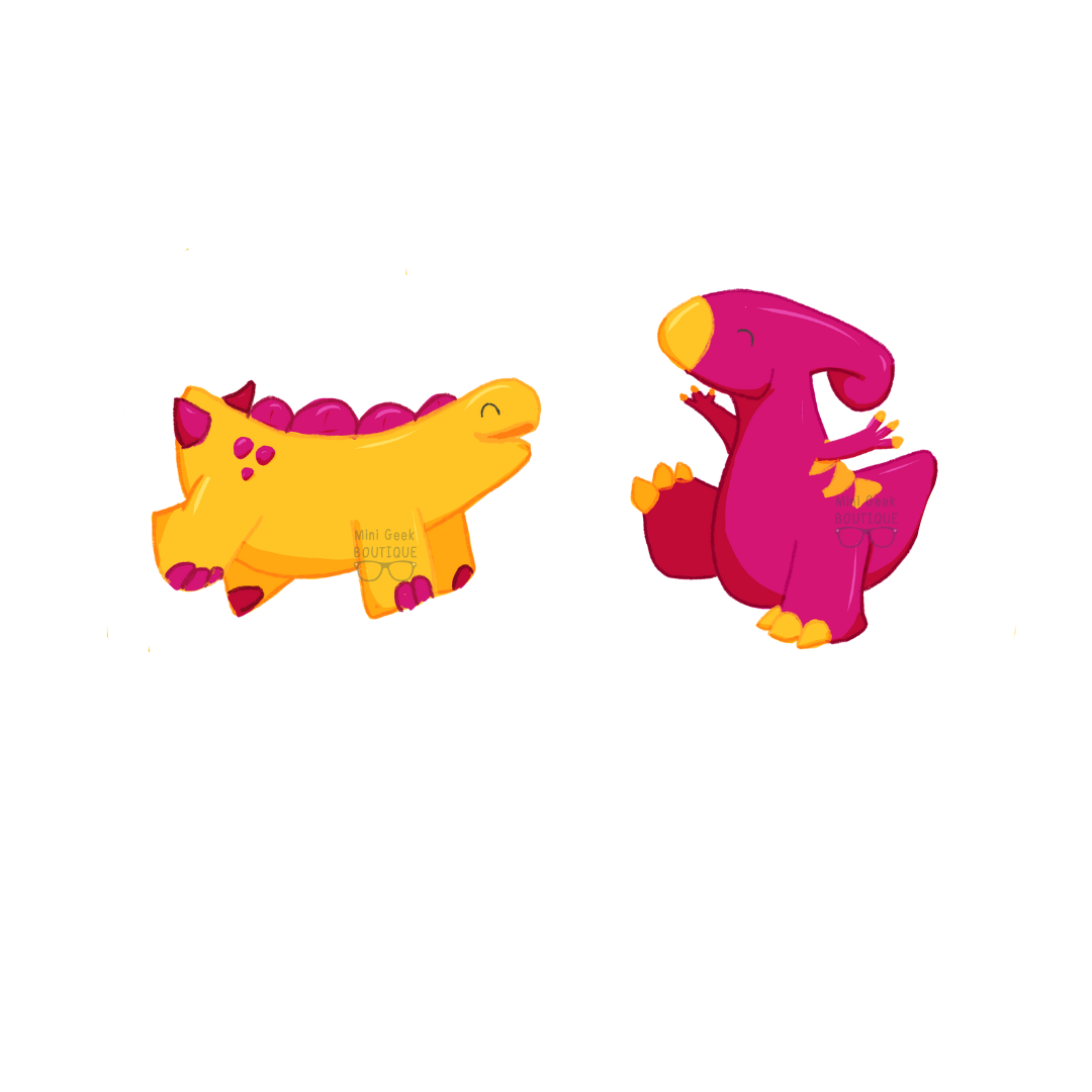 Derek the yellow stegosaurus and Irene the pink Parasaurolophus jumping for joy on a white background, kids’ dinosaur characters from Mini Geek Boutique