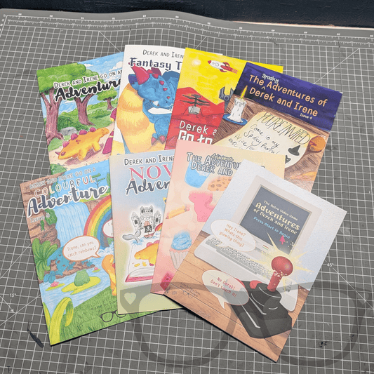 Zine bundle featuring all current Derek and Irene dinosaur adventures at a reduced price, Mini Geek Boutique
