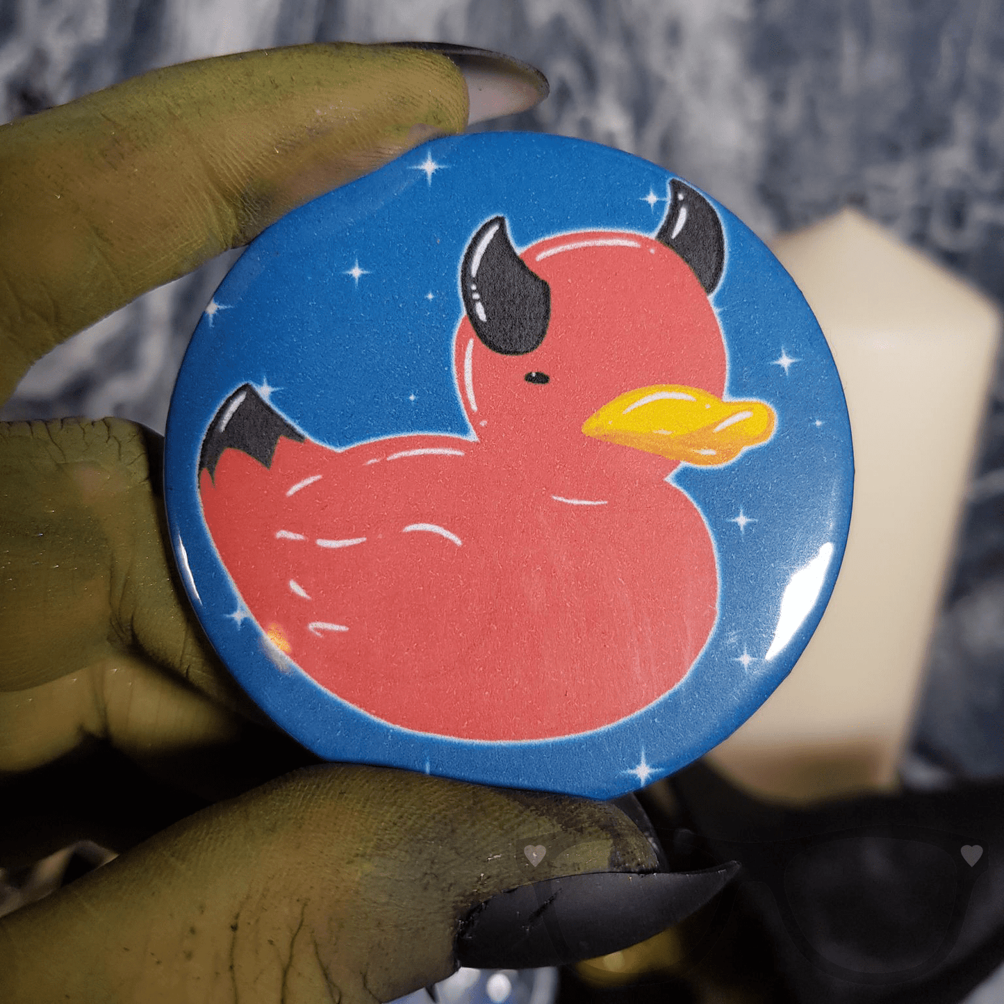 Beelzeduck Halloween 58mm Badge - Devil Duck with Teal Sparkles - Mini Geek Boutique
