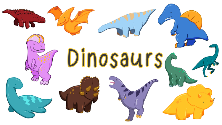 Dinosaur-themed art prints, clothing, and accessories featuring Derek and Irene and their friends