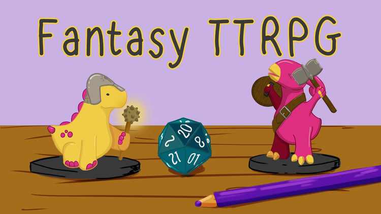 Fantasy TTRPG accessories including badges, zines, art prints, and gear for DnD fans
