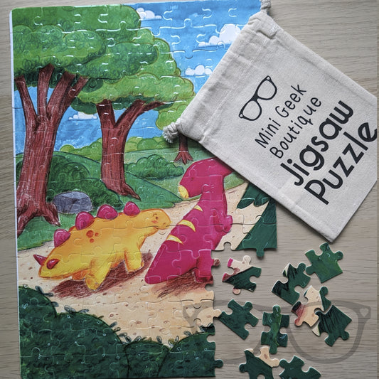 120-piece dinosaur adventure jigsaw puzzle with natural cotton drawstring bag, featuring fun dinosaur designs and perfect for kids' screen-free entertainment.