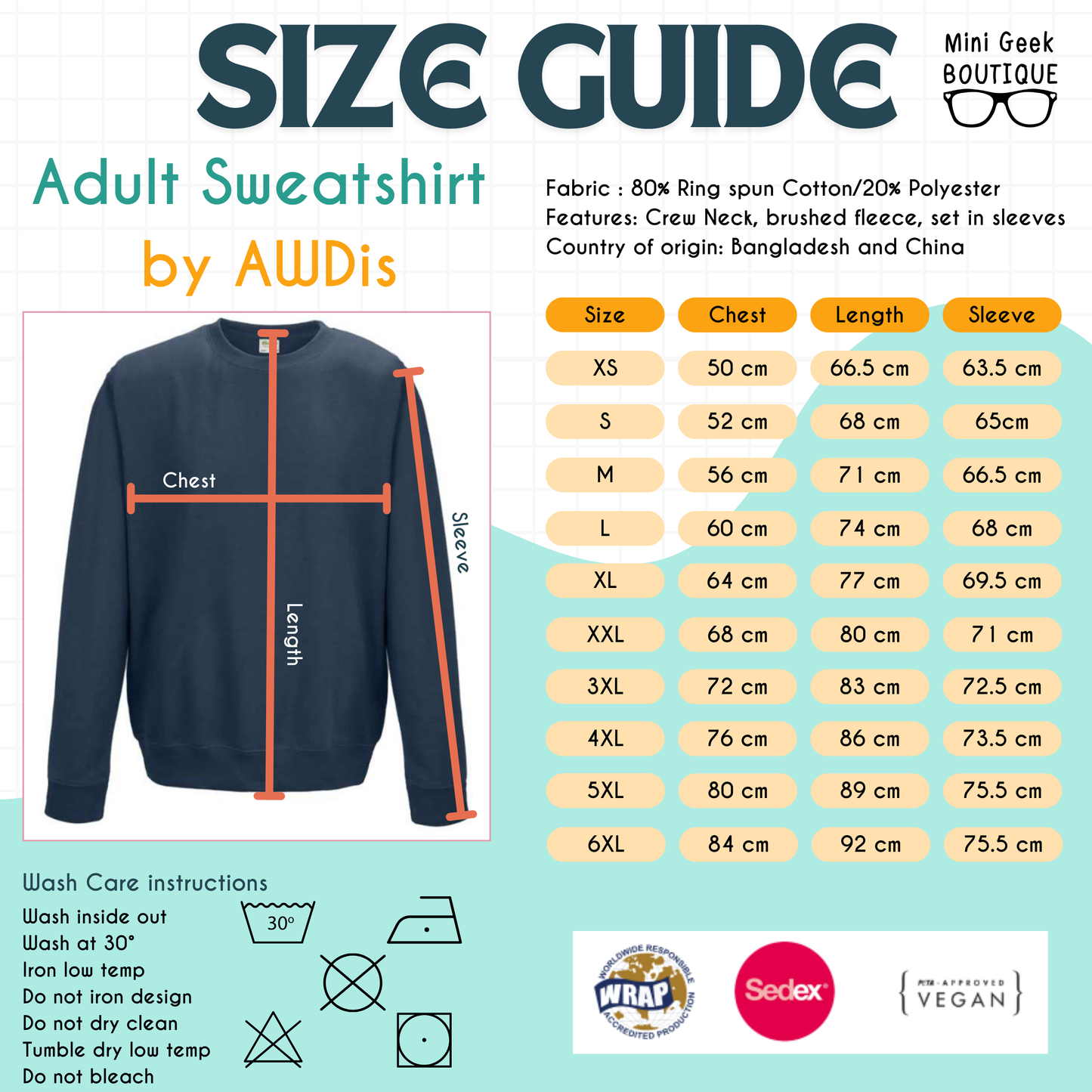 Size guide and washing instruction for AWDis adult sweater