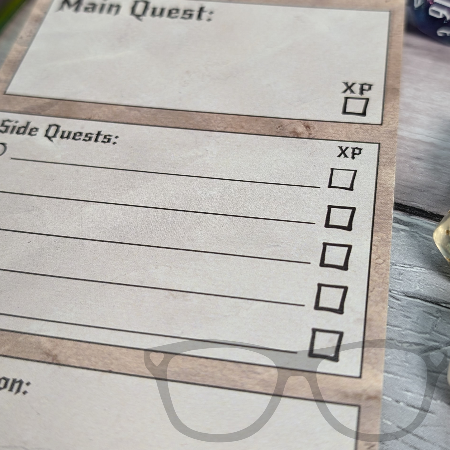 Close-up of DL-sized to-do list pad showing space for side quests and XP tracking.
