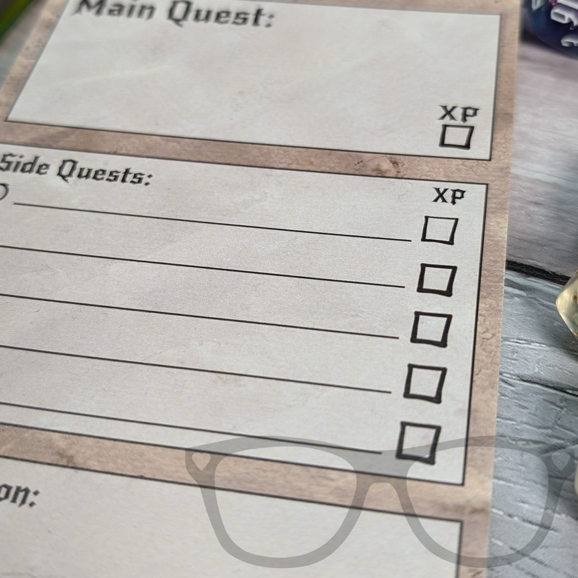 Close-up of DL-sized to-do list pad showing space for side quests and XP tracking.
