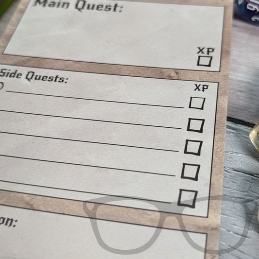 Close-up of DL-sized to-do list pad showing space for side quests and XP tracking.