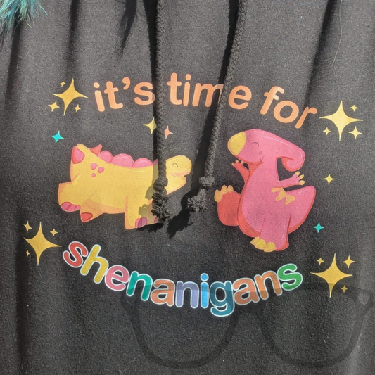 Close up of It’s Time for Shenanigans’ black hoodie with fun dinosaur characters Derek and Irene
