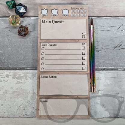 DL-sized to-do list with sections for main quest, side quests, reward, bonus actions, water tracker, and daily stats.
