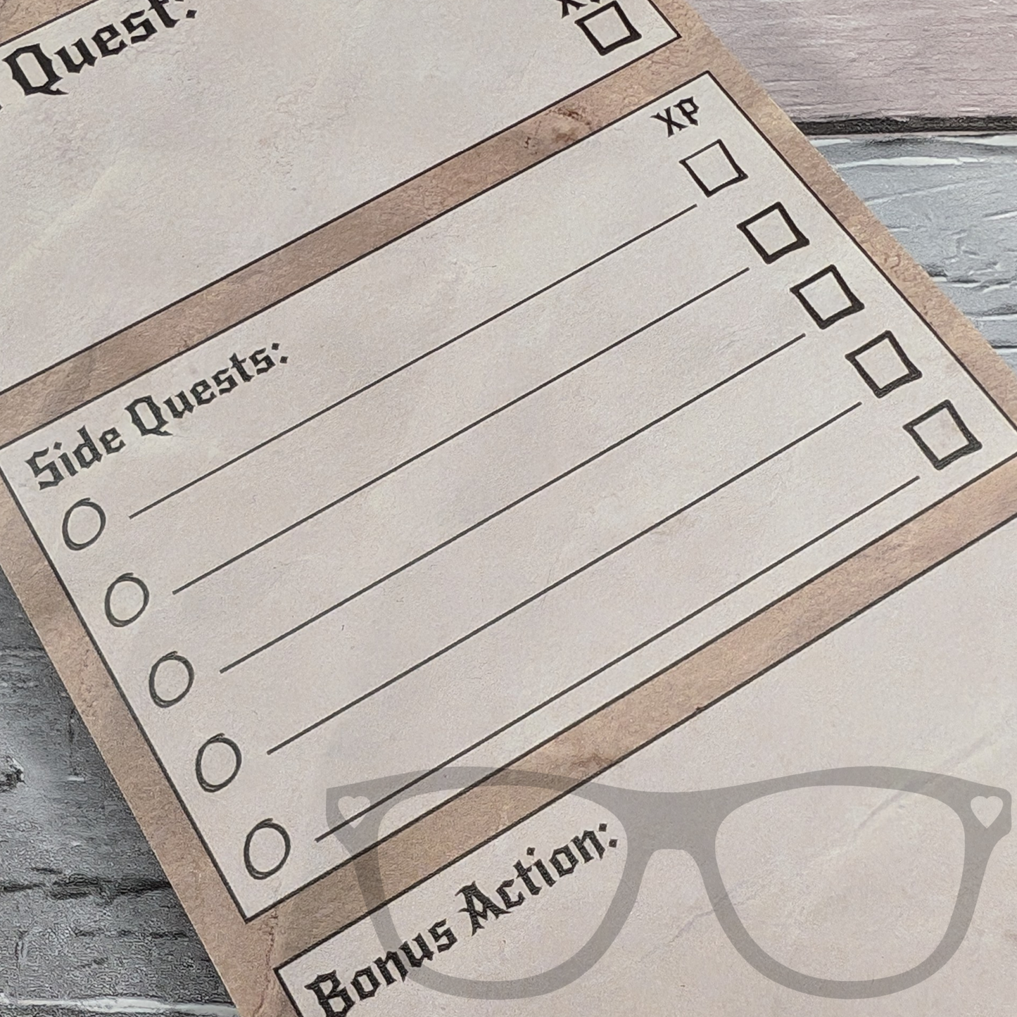 Close-up of DL-sized to-do list showing space for side quests and XP tracking.