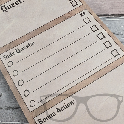 Close-up of DL-sized to-do list showing space for side quests and XP tracking.