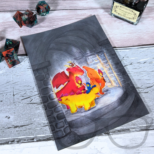 Derek & Irene fantasy TTRPG postcard featuring Derek, Bridget, and Pterry entering a dungeon with a gold-hoarding dragon. A6 art print, vibrant colours