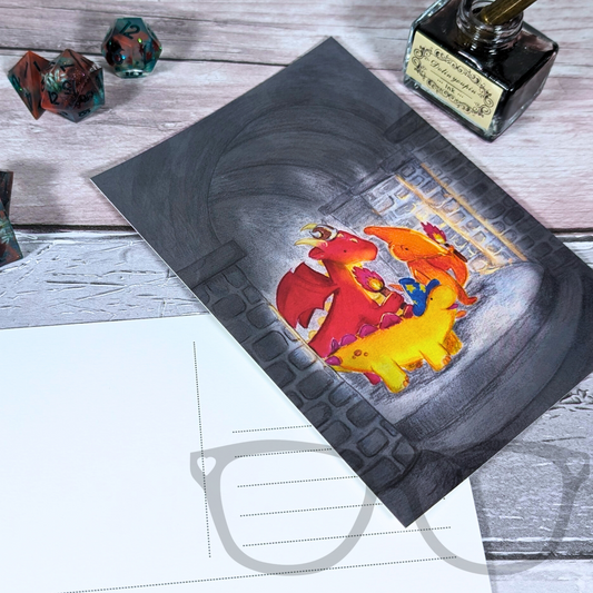 Dinosaur and fantasy-themed illustrated postcard showing the glossy art print on the front and the writable matte back for messages and addresses. A6 size.