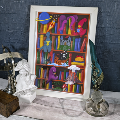 Dinosaurs reading art print in frame