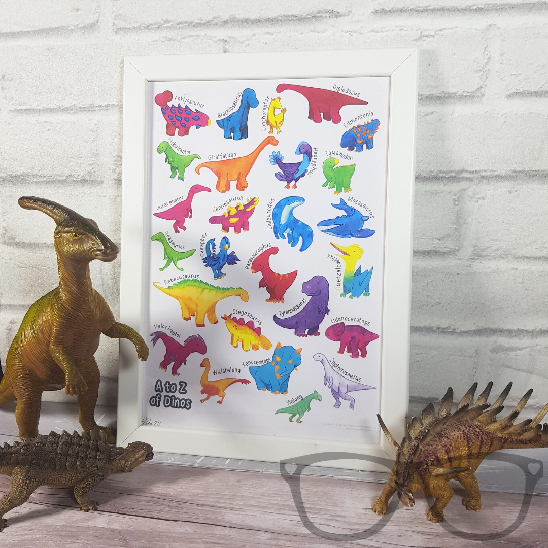 Dinosaur A to Z art print shown with frame. Features a dinosaur for every letter of the alphabet