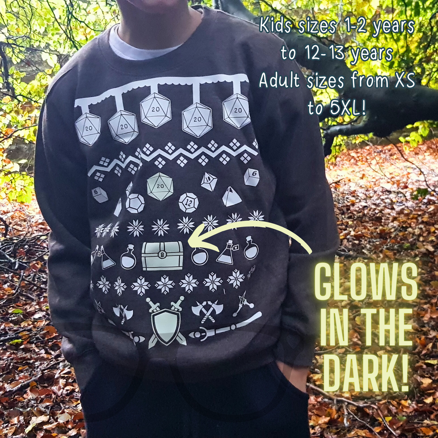 DnD themed Christmas Ugly sweater for kids and adults text reads "Kids sizes 1-2 years adult sizes from xs to 5xl" "GLOWS IN THE DARK!"