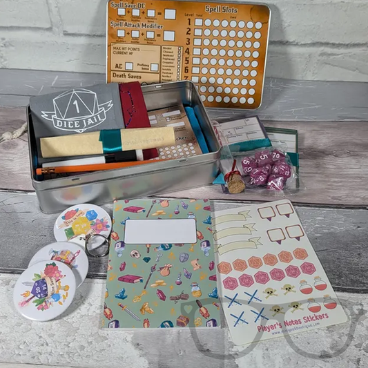 Dungeons and Dragons gift tin starter kit with dice, stickers, notepads, and trackers for new and seasoned fantasy tabletop gamers