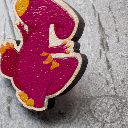 close up of the Irene the Parasaurolophus wooden pin