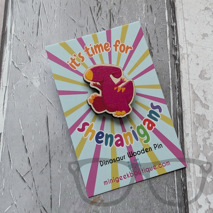 Irene the Parasaurolophus wooden pin on backing card