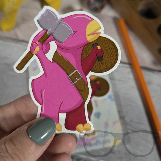 Irene the Barbarian Parasaurolophus vinyl sticker held, dinosaur D&D sticker for tabletop gaming.