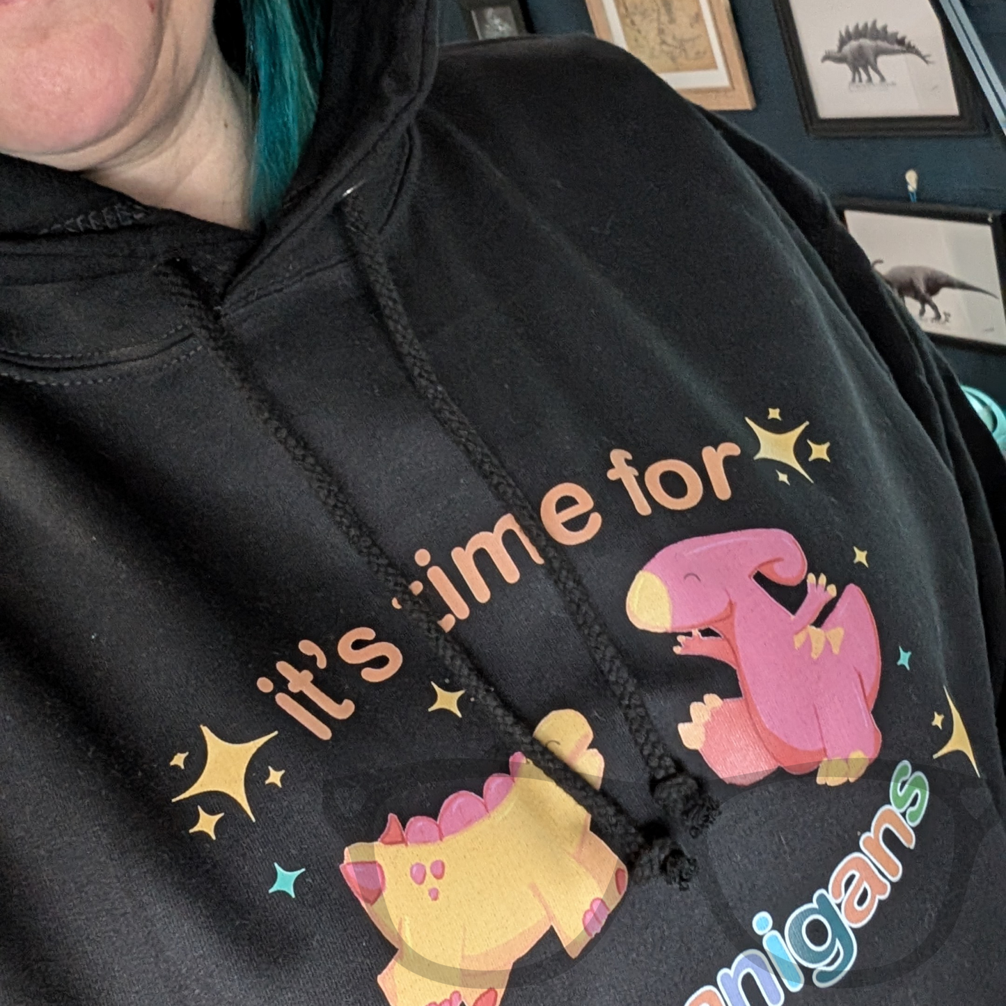 Black hoodie featuring Derek the Stegosaurus and Irene the Parasaurolophus jumping with the text "It’s Time for Shenanigans!" in a fun, colourful design.