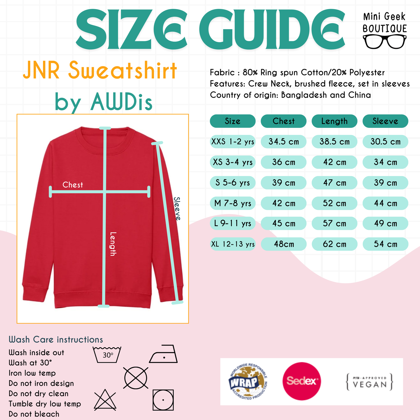 Sizing guide and wash care instructions for junior sweatshirt