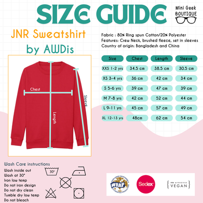 Sizing guide and wash care instructions for junior sweatshirt