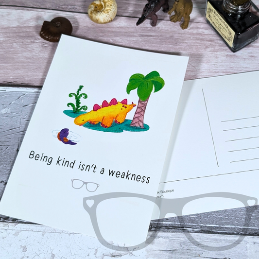 Back of Derek the Stegosaurus dinosaur kindness postcard, with space for a message and address. Designed with a matte finish for easy writing.