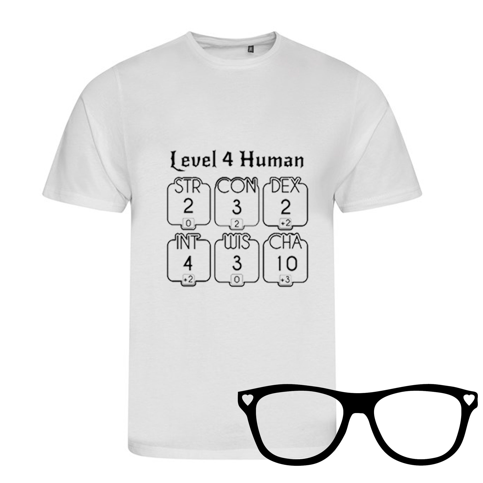 Alternative to Level 1 Human showing a mock up of a white t-shirt with stats to suit an older child.