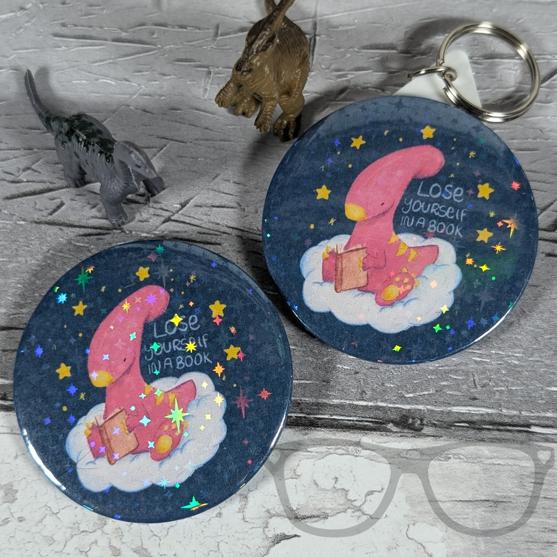 Lose yourself in a book sparkly badge  and keyring