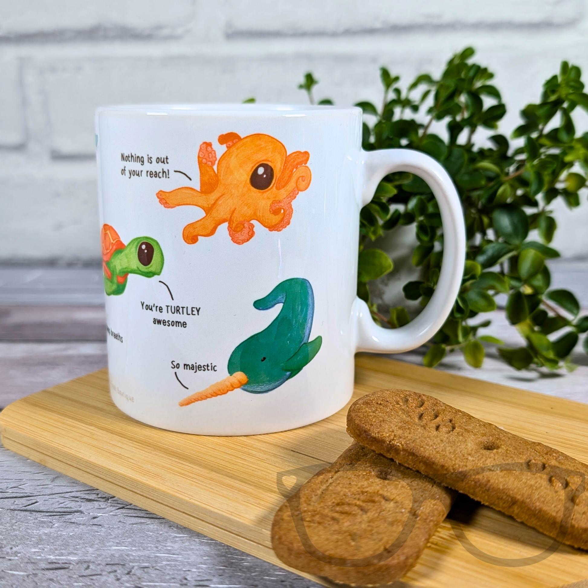 Motivational Marine Life mug showing cute illustrations of various marine animals with motivational phrases