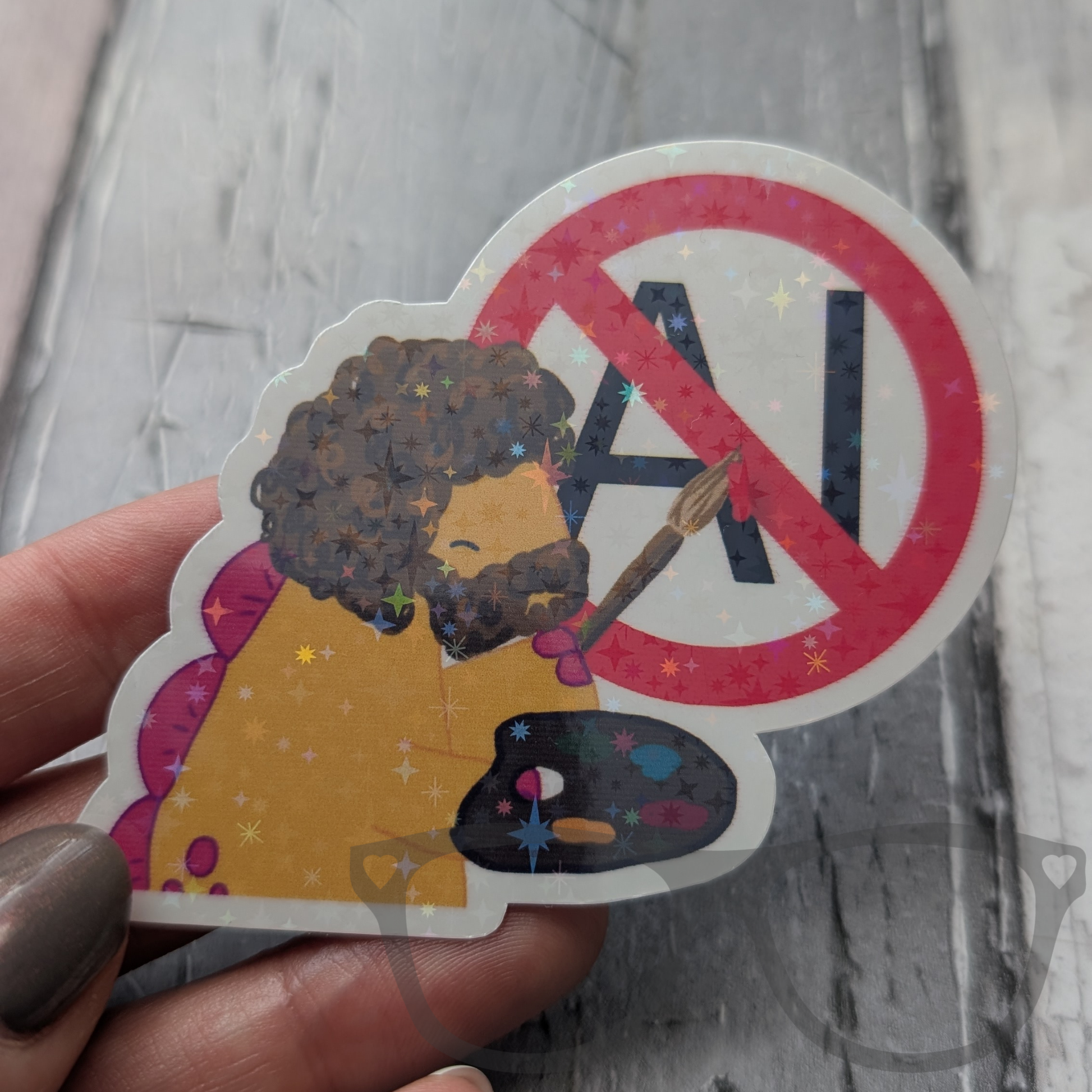 Vinyl sticker showing Derek the stegosaurus doing an outstanding Bob Ross impression whilst painting a big red circle no sign over the letters AI